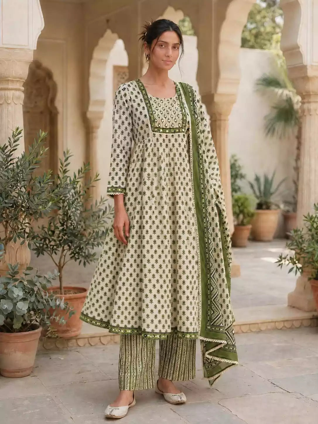 A woman models a traditional Indian salwar kameez suit set in an outdoor courtyard with arches and potted plants. The set features an off-white kurta and wide-leg trousers with green floral prints and borders, paired with a matching green printed dupatta.