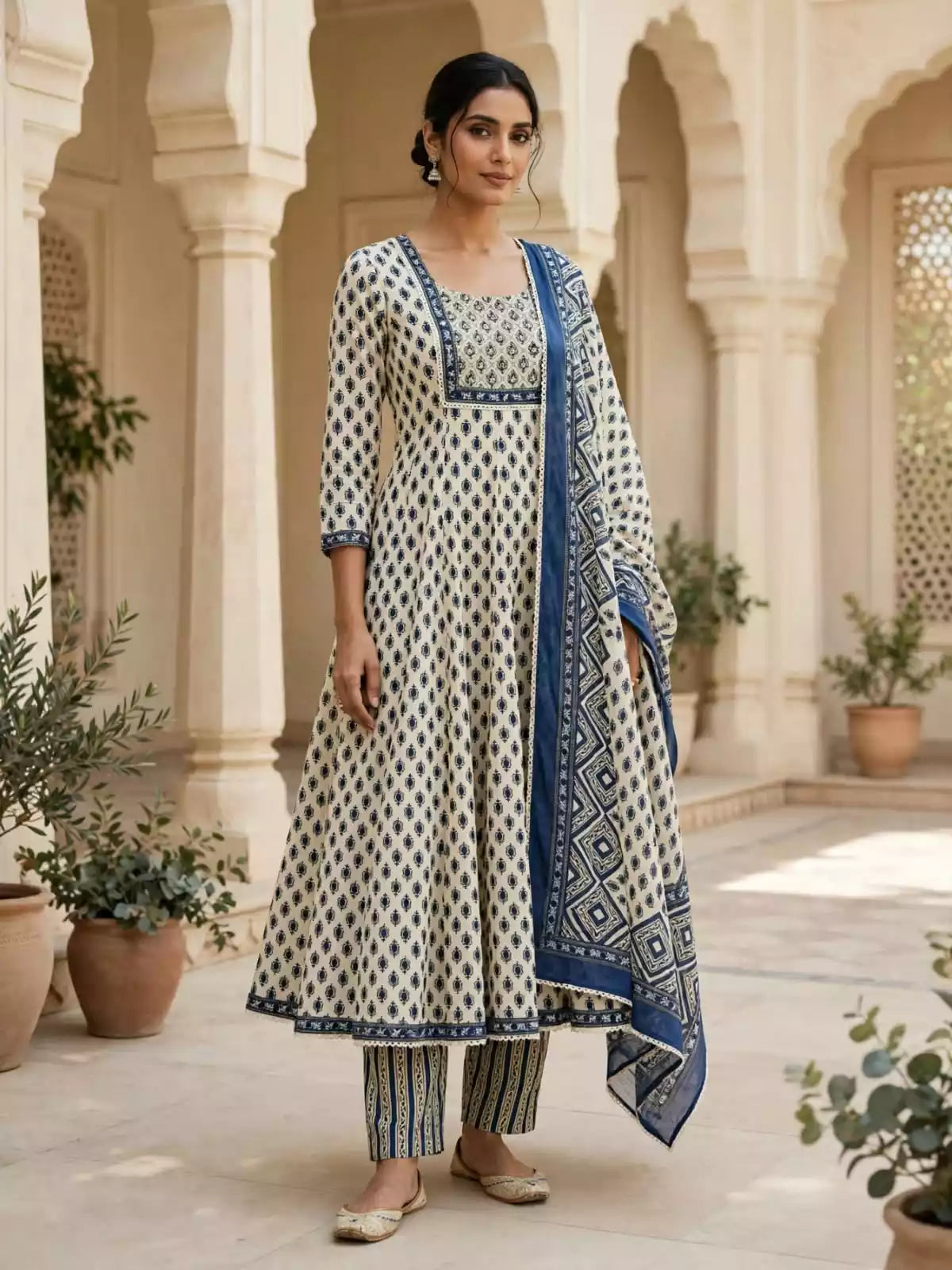 Cream cotton Anarkali kurta with navy blue Jaipuri buti print, mirror-work border, matching pant and navy printed dupatta - ASC Fashion Store design VOL169