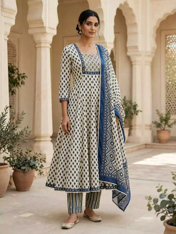 Navy Blue Anarkali Pattern With Classic Jaipuri Buti Print & Hand Work By ASC