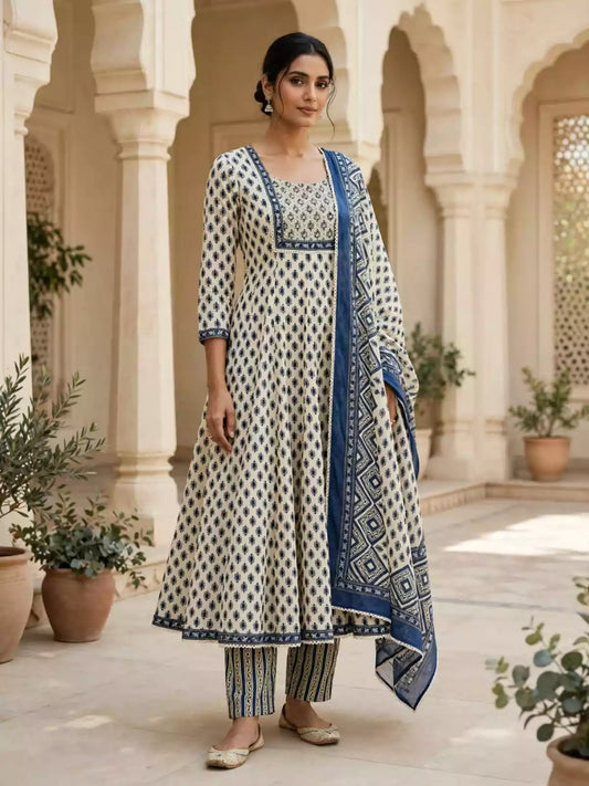 Cream cotton Anarkali kurta with navy blue Jaipuri buti print, mirror-work border, matching pant and navy printed dupatta - ASC Fashion Store design VOL169