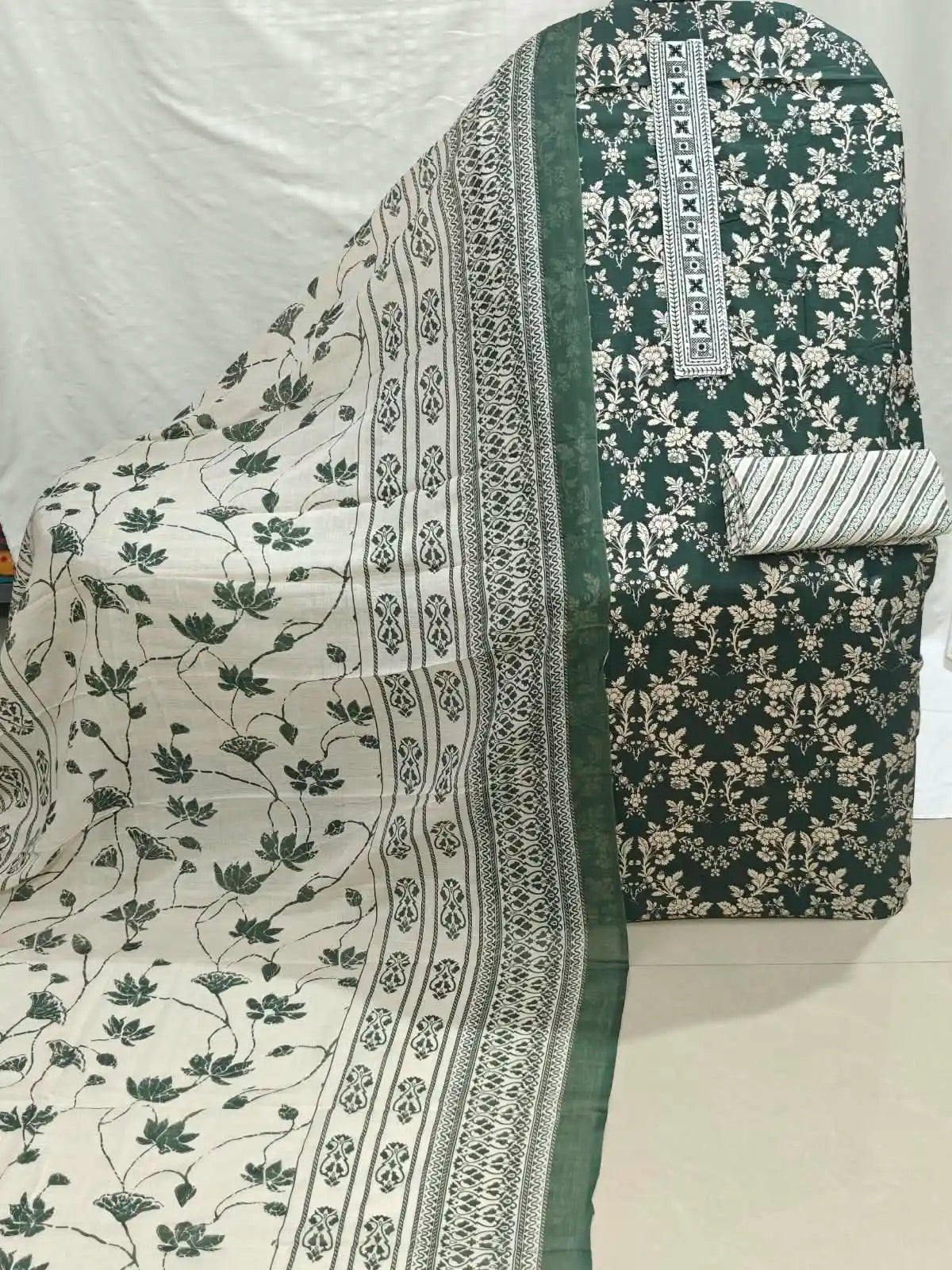 GREEN Floral Print Cotton Unstitched Suit with Printed Dupatta
