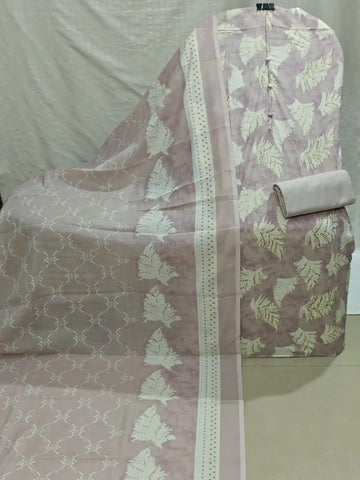 Elegant Dusty Lavender  Leaf Print Cotton Unstitched Suit with printed  Dupatta