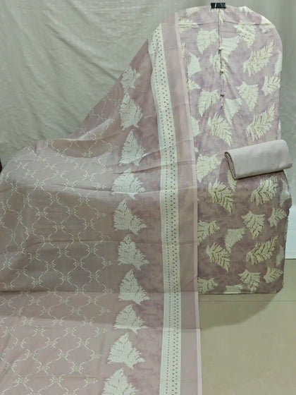Elegant Dusty Lavender  Leaf Print Cotton Unstitched Suit with printed  Dupatta
