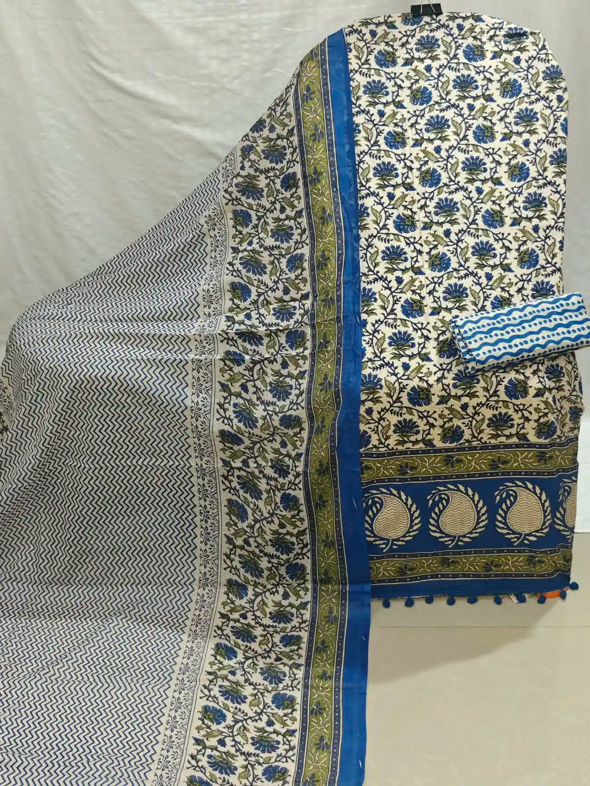 Olive Green and Blue Traditional Jaipuri Print Cotton Unstitched Suit