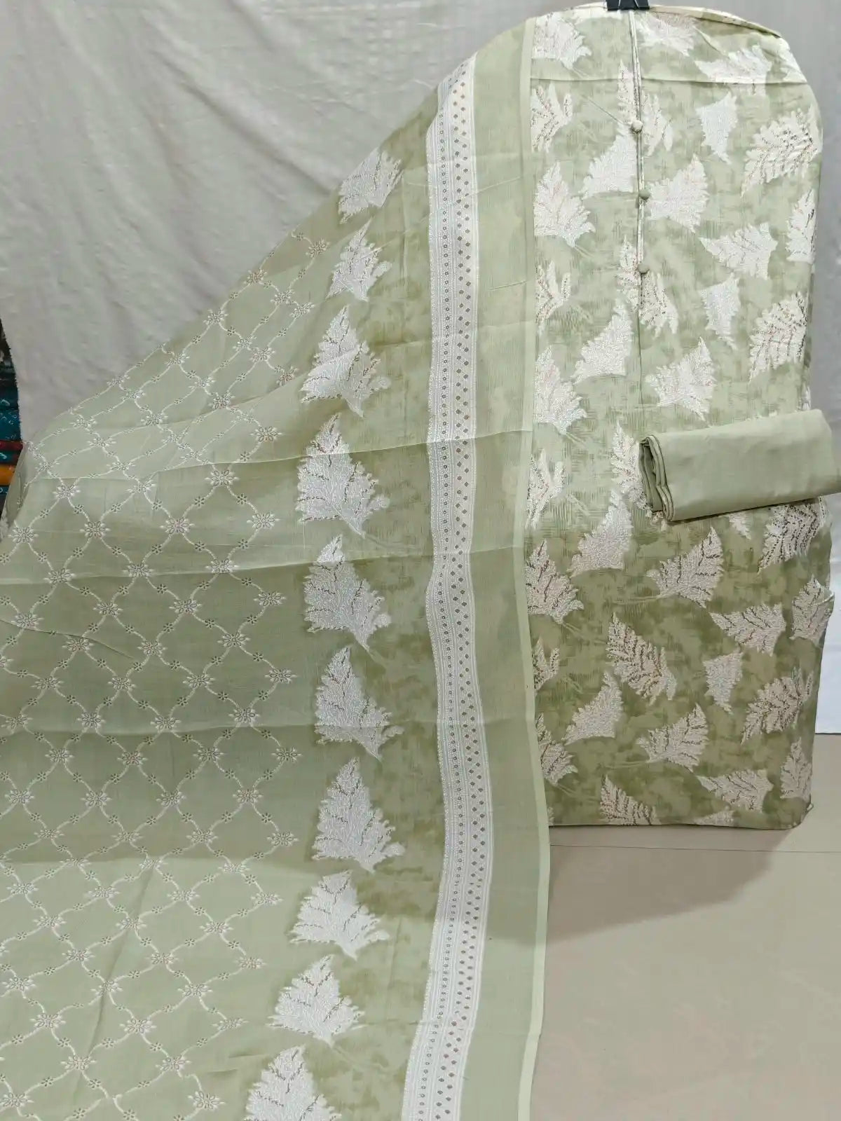 Elegant Sage Green Leaf Print Cotton Unstitched Suit with printed  Dupatta