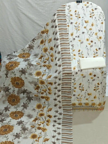 Cream base Printed Top & Mustard Yellow floral print & embroidered border.