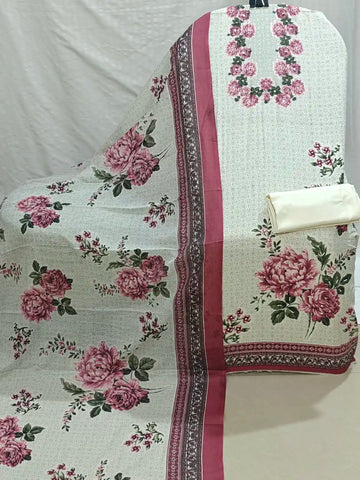 Cream base floral  Printed Top &  plain bottom and printed dupatta Unstitched Suit