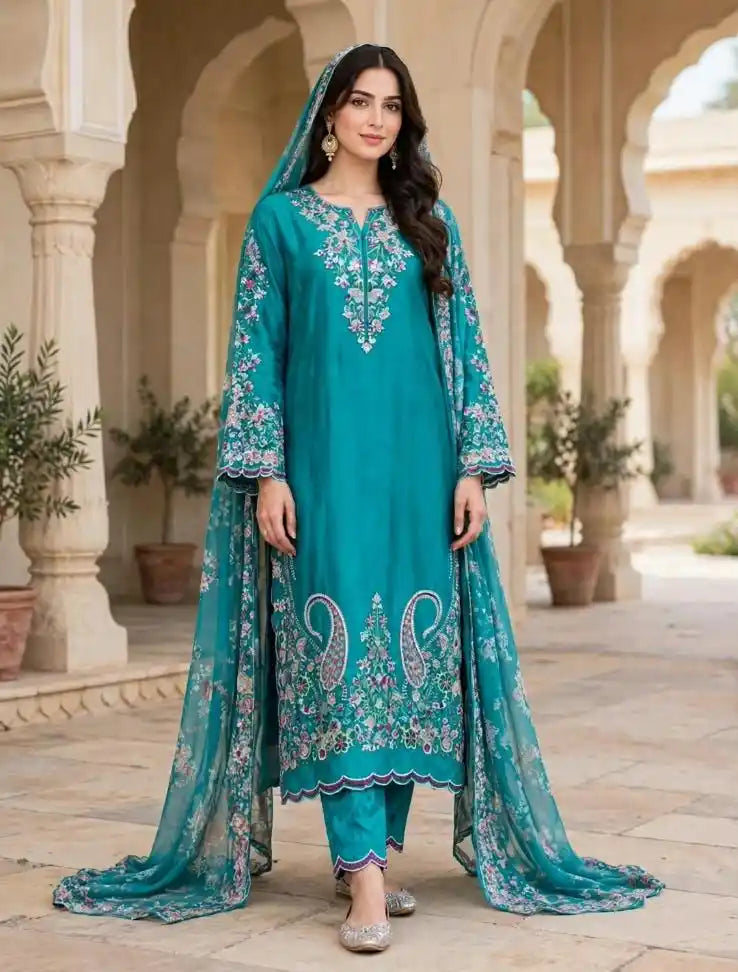 Pakistani Embroidered Designer Sea Green Suit with contrast pink embroidery
