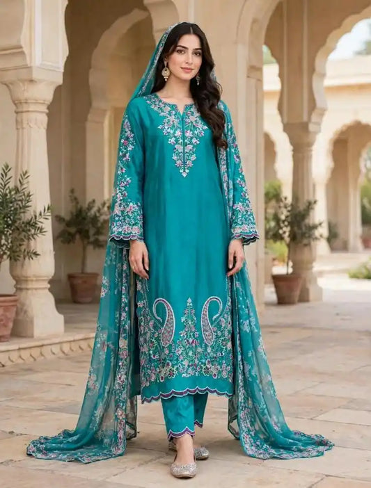 Pakistani Embroidered Designer Sea Green Suit with Contrast Pink Embroidery - ASC Fashion Store