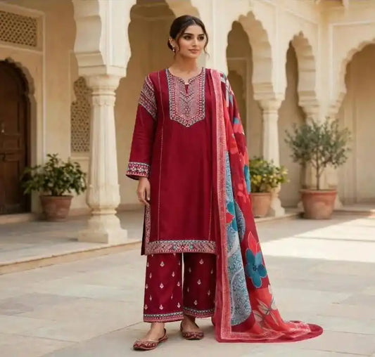 Wine Red Straight Fit Kurta with Multicolour Traditional Embroidery Designer Suit - ASC Fashion Store