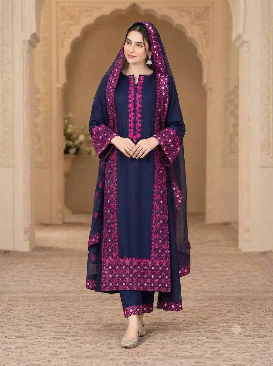 Pakistani Embroidered Designer Blue Suit with contrast pink embroidery