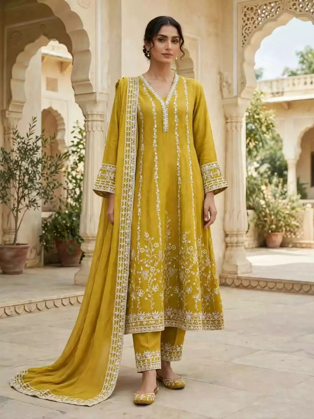 Woman wearing mustard yellow flared Anarkali suit with ivory embroidery, matching pants and dupatta