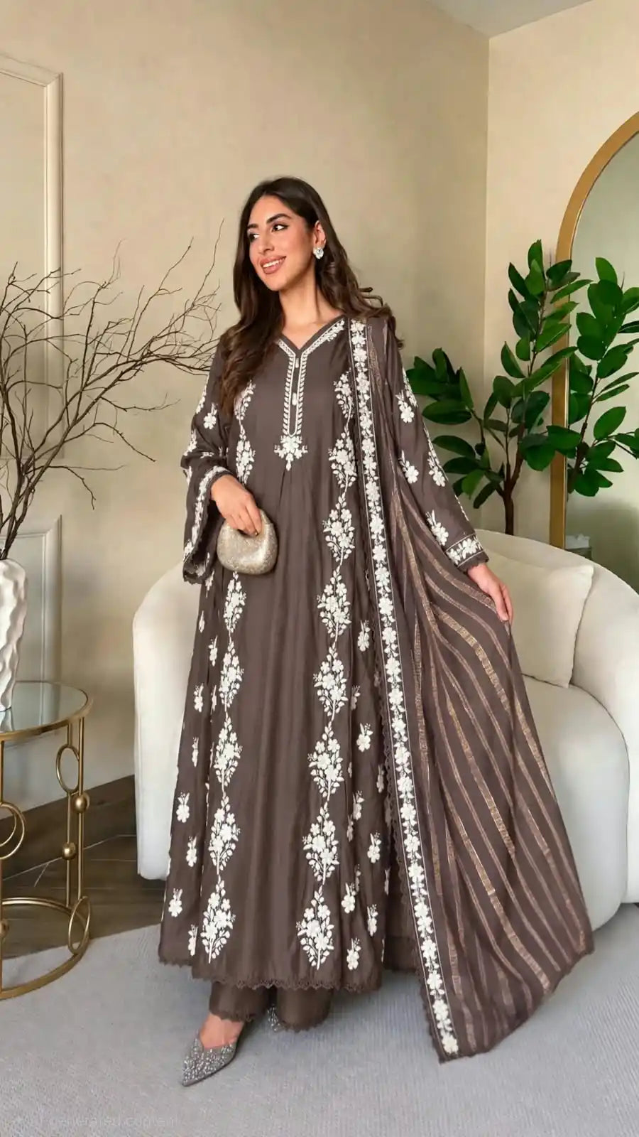 Mocha Brown Embroidered Anarkali Suit Set with White Floral Work and Striped Dupatta