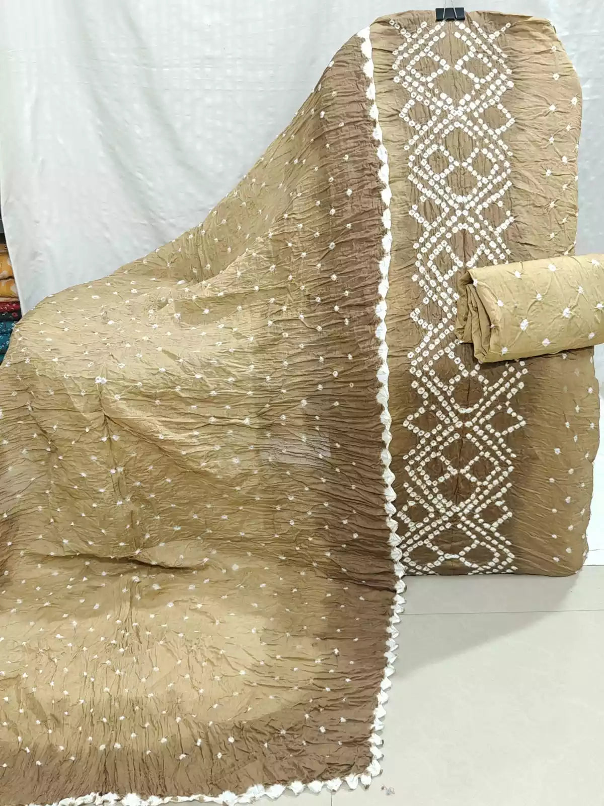 Khaki & Beige Hand Bandhej Cotton Unstitched Suit with Dupatta By ASC - ASC Fashion Store