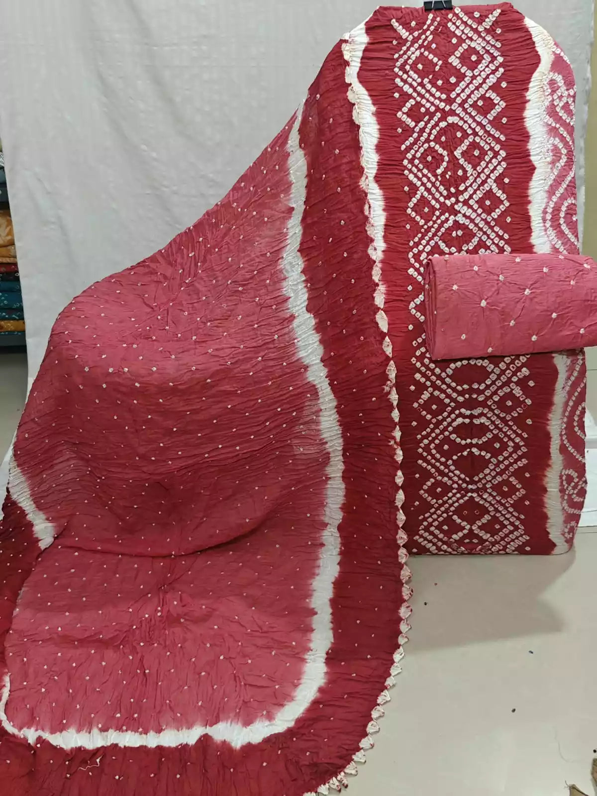 Red & Pink Hand Bandhej Cotton Unstitched Suit with Dupatta By ASC - ASC Fashion Store