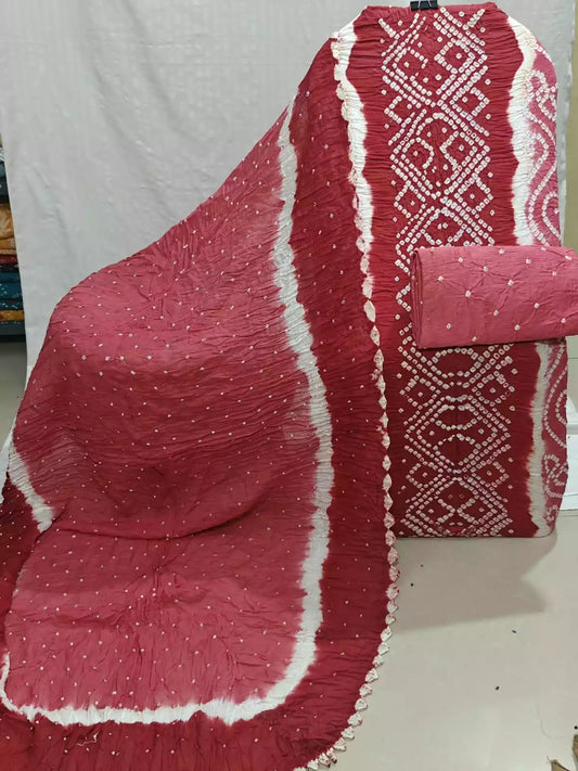 Red & Pink Hand Bandhej Cotton Unstitched Suit with Dupatta By ASC - ASC Fashion Store