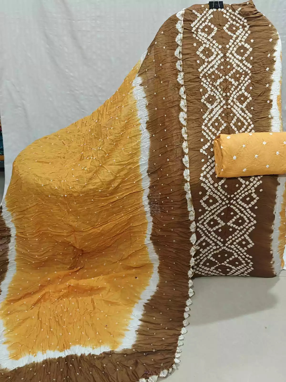 Mustard & Brown Hand Bandhej Cotton Unstitched Suit with Dupatta By ASC - ASC Fashion Store