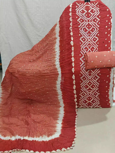 Red & Coral Hand Bandhej Cotton Unstitched Suit with Dupatta By ASC - ASC Fashion Store