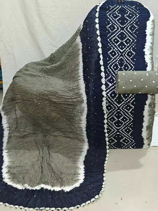 Navy & Grey Hand Bandhej Cotton Unstitched Suit with Dupatta By ASC - ASC Fashion Store