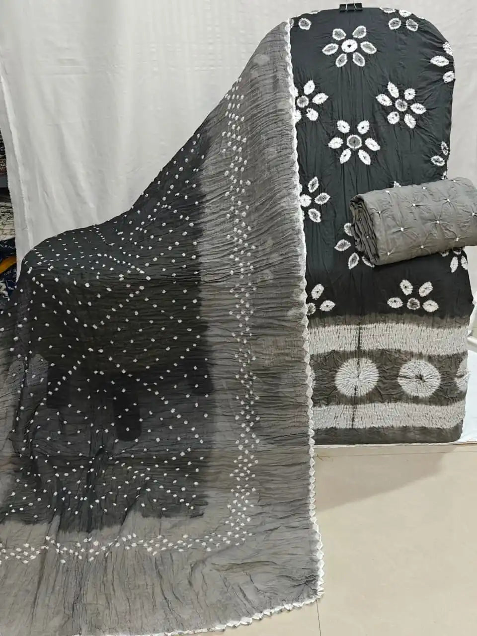 Black and Grey Bandhani Print Dress Material 2294 - unstitched kurta, bottom and two-tone shaded dupatta
