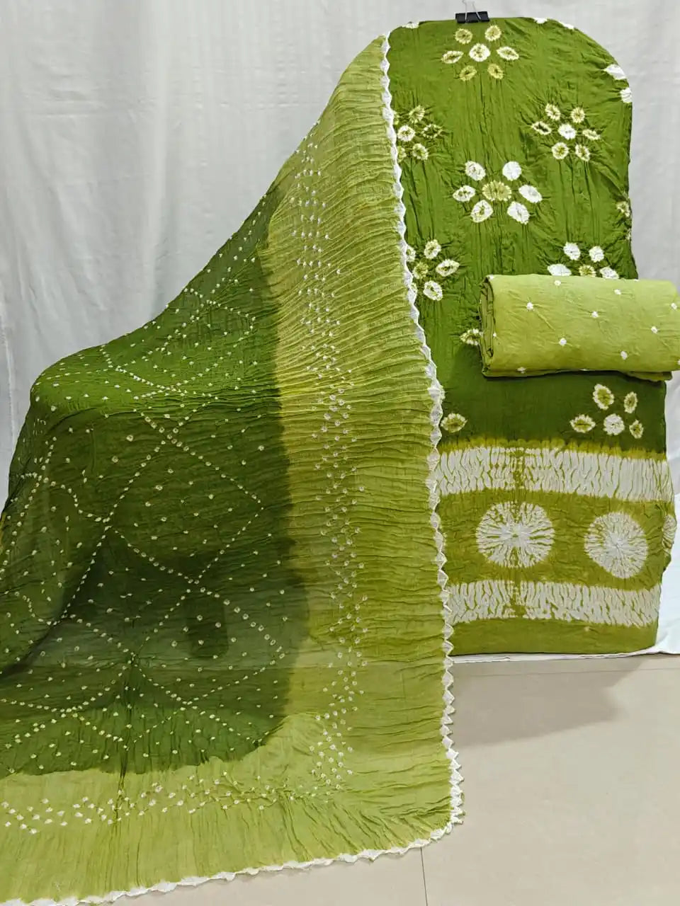 Olive Green Bandhani Print Dress Material 2298 - unstitched kurta, bottom and two-tone shaded dupatta