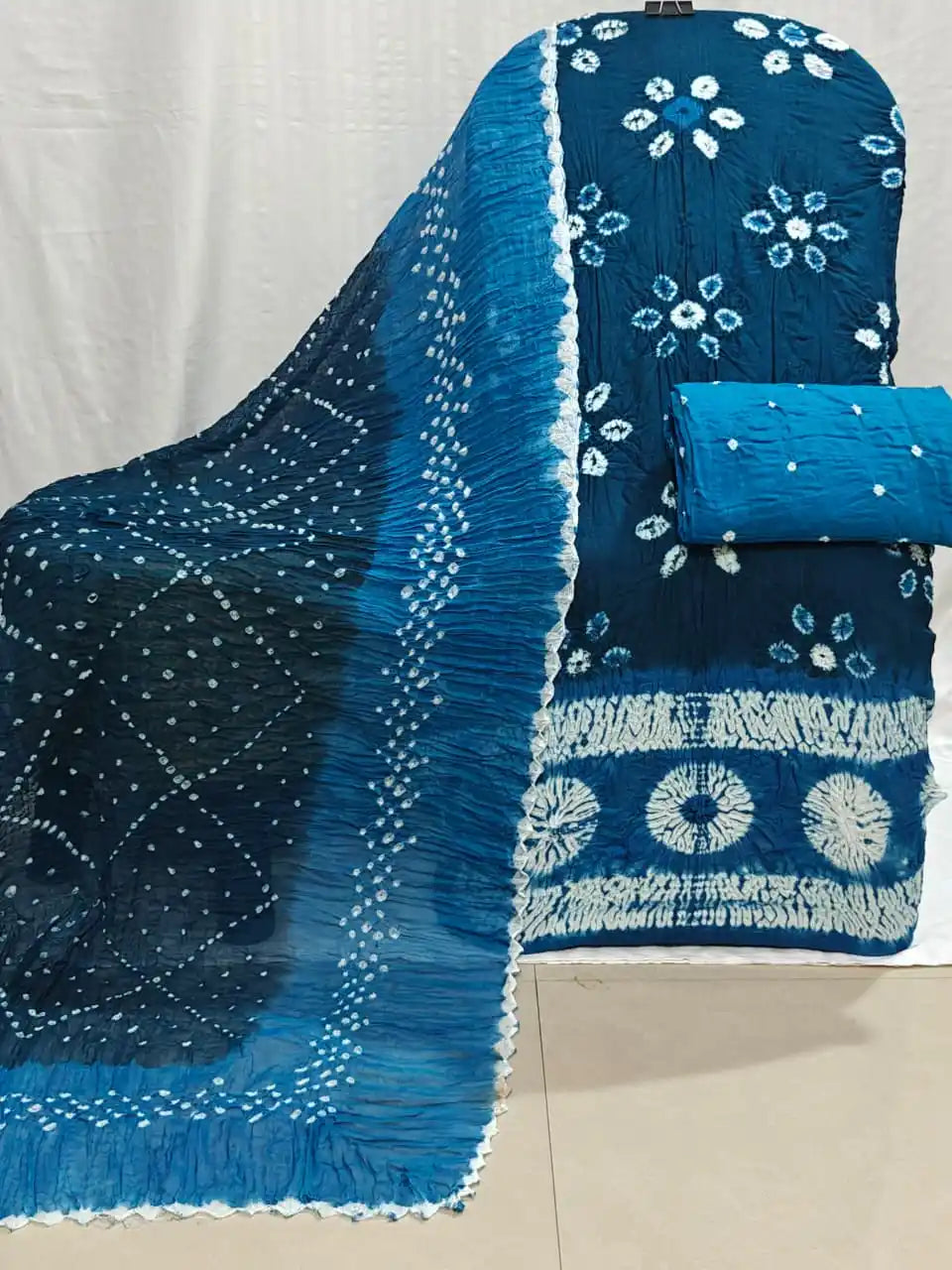 Dark Blue Bandhani Print Dress Material 2300 - unstitched kurta, bottom and two-tone shaded dupatta