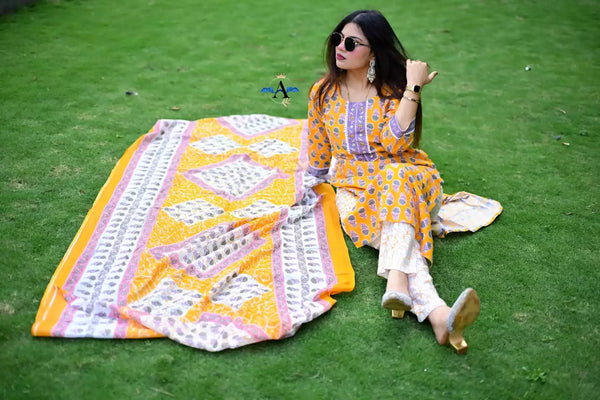 Readymade Block Print Cotton Suit With Cotton Dupatta