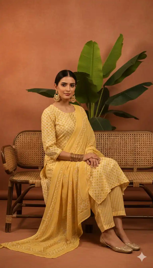 Readymade Block Print Cotton Suit With Cotton Dupatta