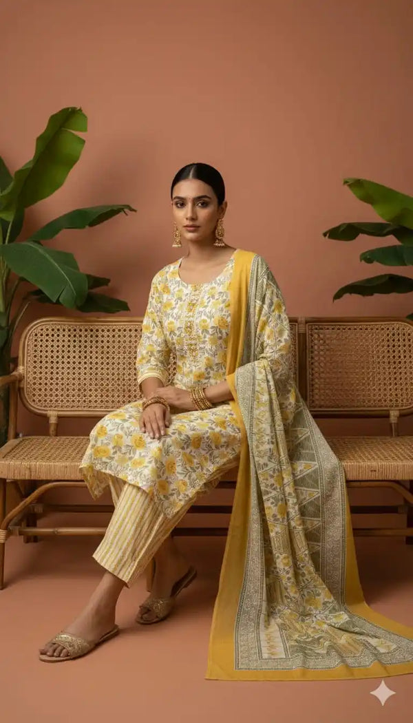 Readymade Block Print Cotton Suit With Cotton Dupatta