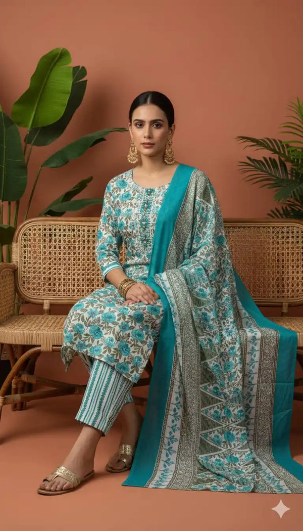 Readymade Block Print Cotton Suit With Cotton Dupatta