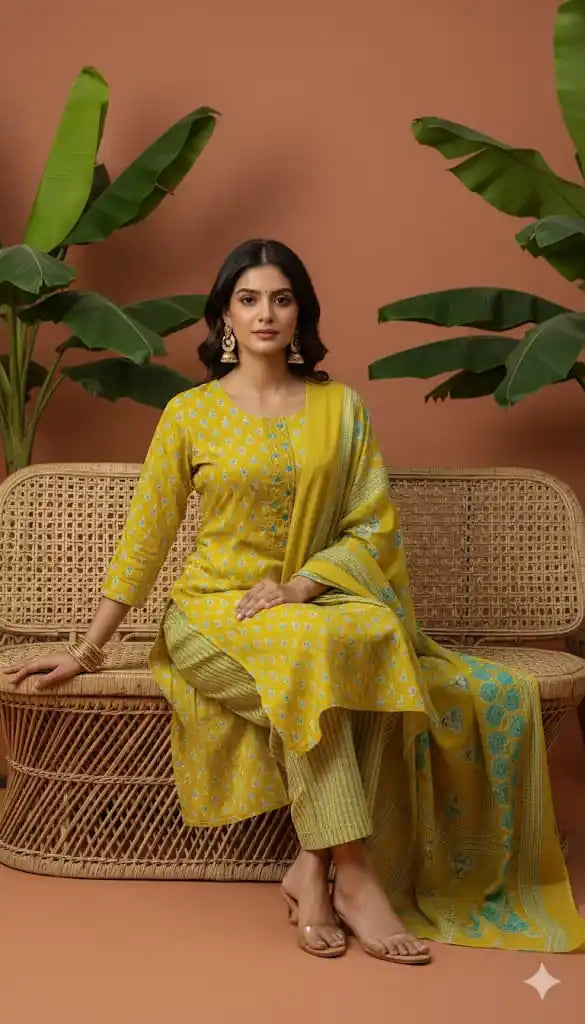 Readymade Block Print Cotton Suit With Cotton Dupatta