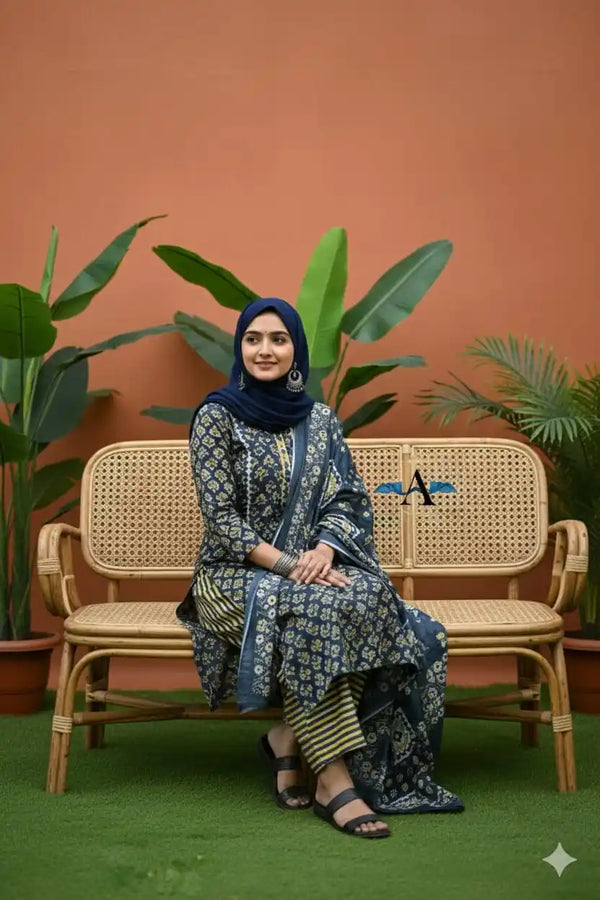 Readymade Block Print Cotton Suit With Cotton Dupatta