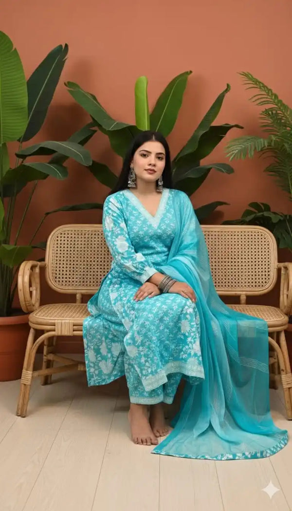 Princess Cut Jaipuri Premium Cotton Readymade Suit With Chiffon Emb Dupatta & Cotton Pant