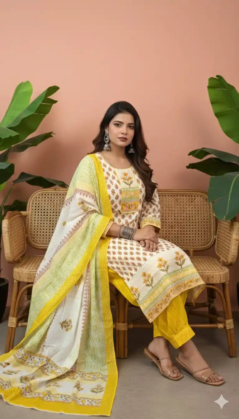 Straight Cut Block Print Cotton Suit With Chikenkari Work & Lining, With Salwar