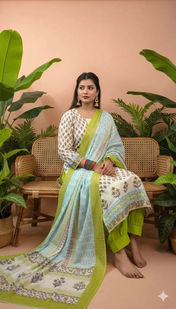 Straight Cut Block Print Cotton Suit With Chikenkari Work & Lining, With Salwar