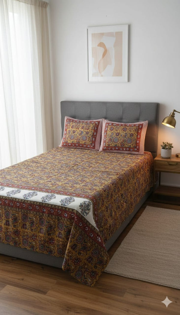 Queen Size 7ft*8.5ft Sanganeri Bedsheet With 2 Pillow Covers