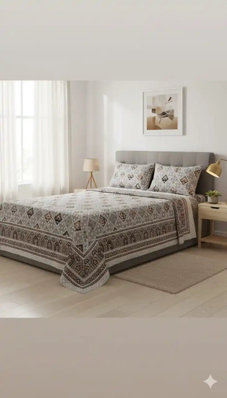 Queen Size 7ft*8.5ft Sanganeri Bedsheet With 2 Pillow Covers