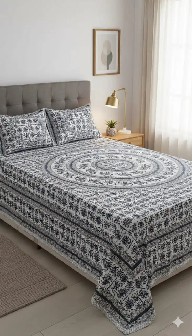 Queen Size 7ft*8.5ft Sanganeri Bedsheet With 2 Pillow Covers