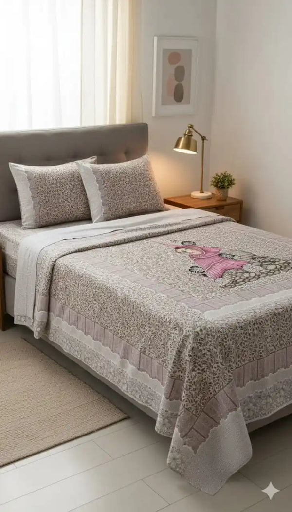 Queen Size 7ft*8.5ft Sanganeri Bedsheet With 2 Pillow Covers