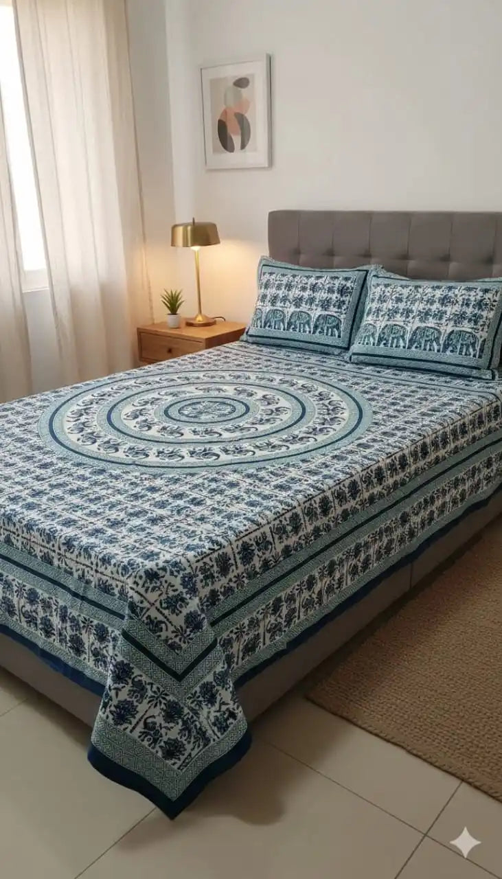 Queen Size 7ft*8.5ft Sanganeri Bedsheet With 2 Pillow Covers