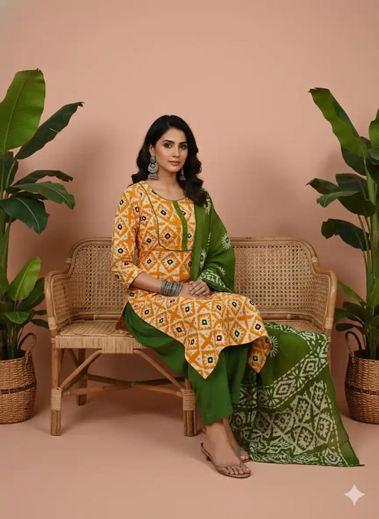 2XL Straight cut Mustard With Mehendi Green Handloom Wax Batik With Embroidery