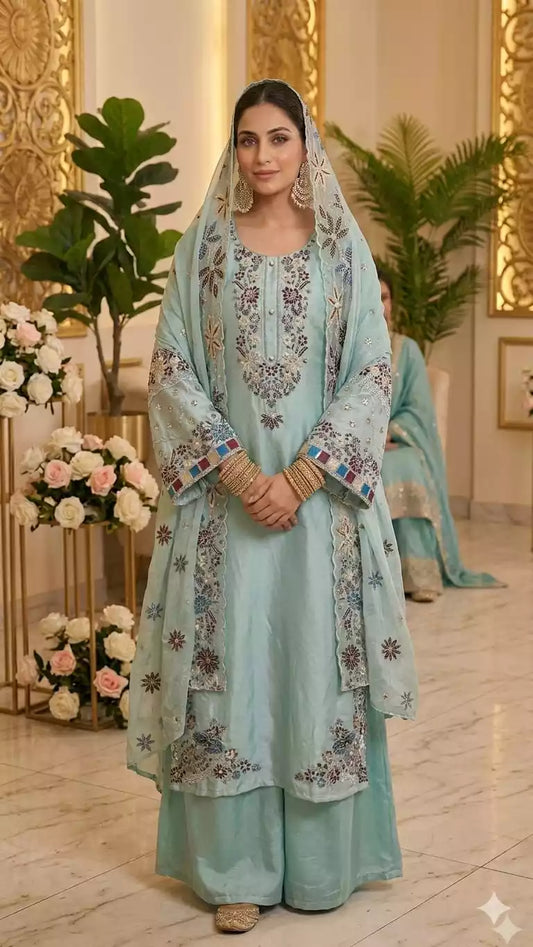 Jimmy Choo Pakistani Designer Suit With Plazoo and Embroidered Organza Dupatta