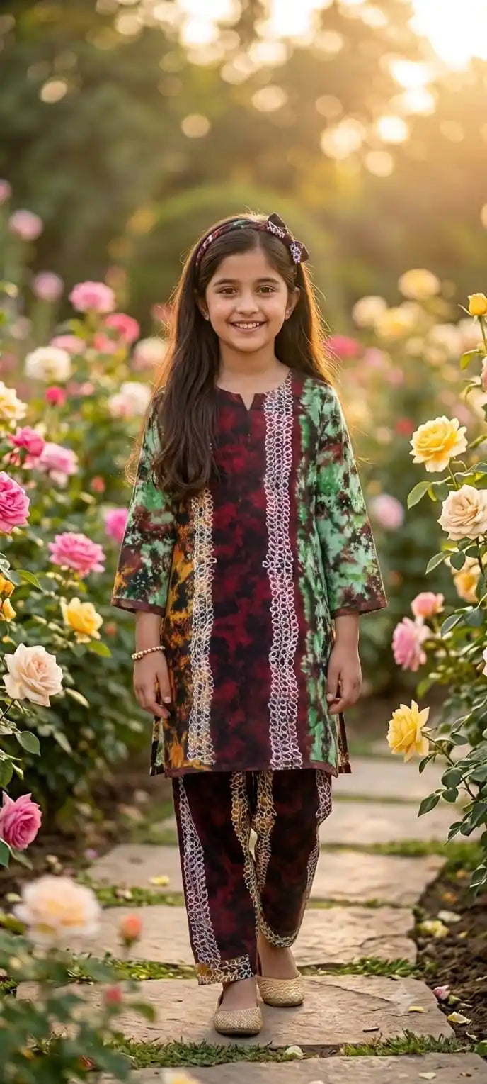 Green Maroon Pattern Karachi Lace Set