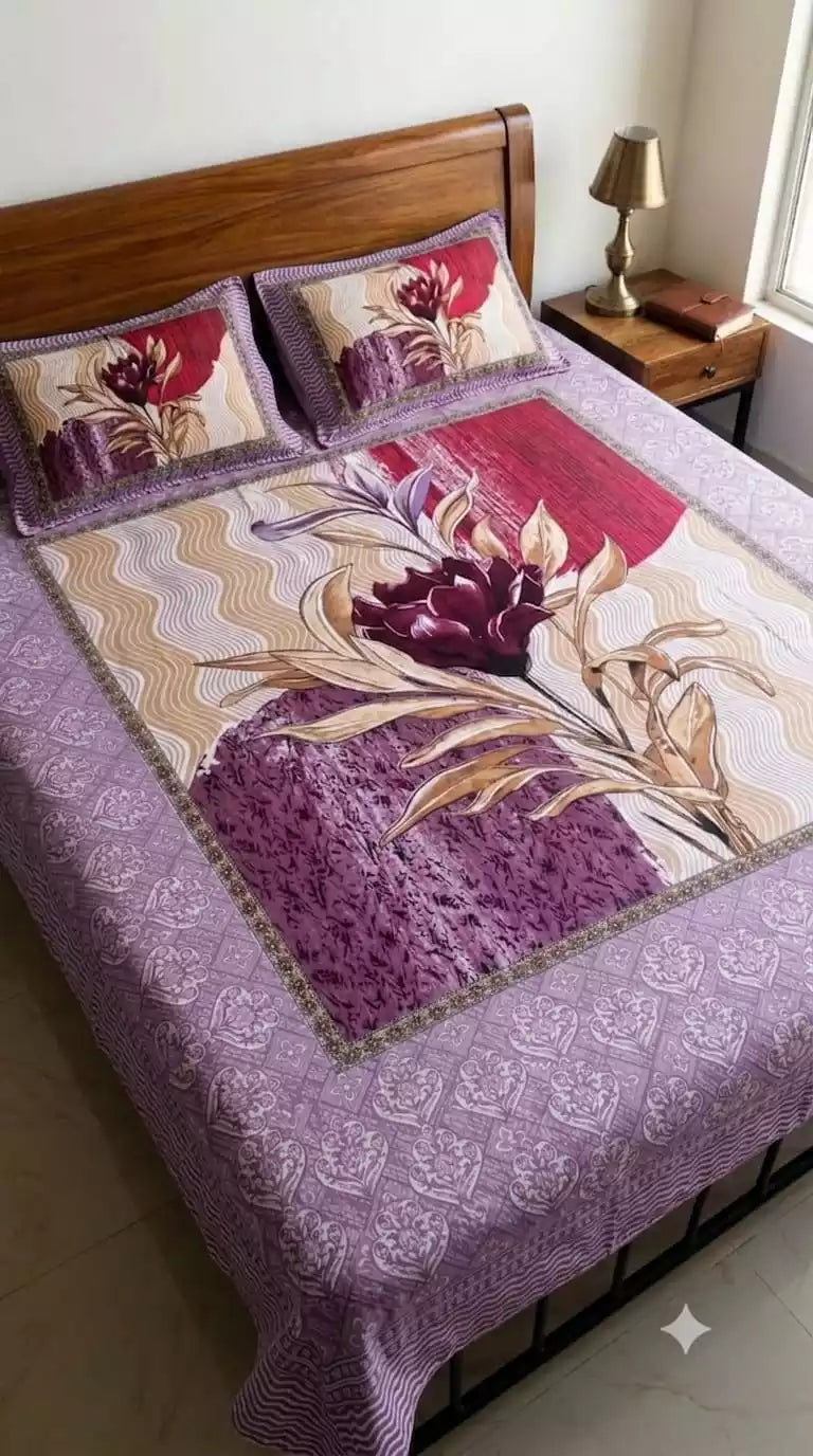 Jaipuri double bedsheet with pillow covers in vibrant purple and floral design on a bed.
