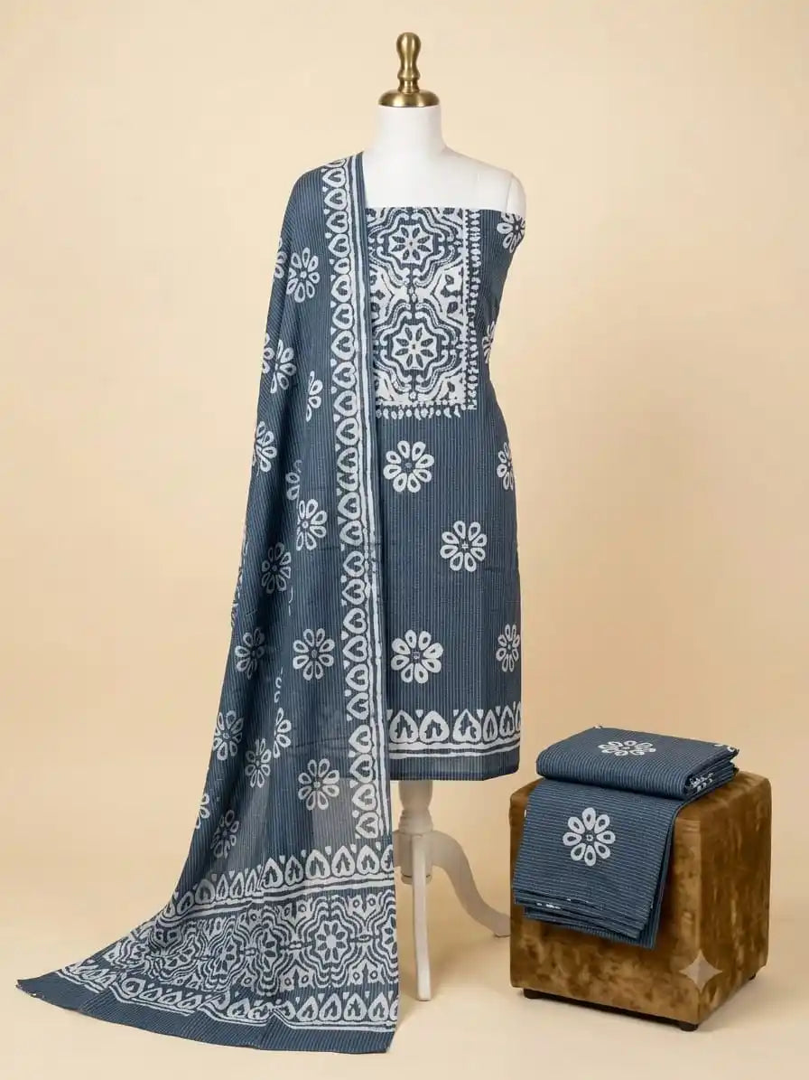Slate Grey Cotton Batik Print Unstitched Suit with Pure Chiffon Dupatta