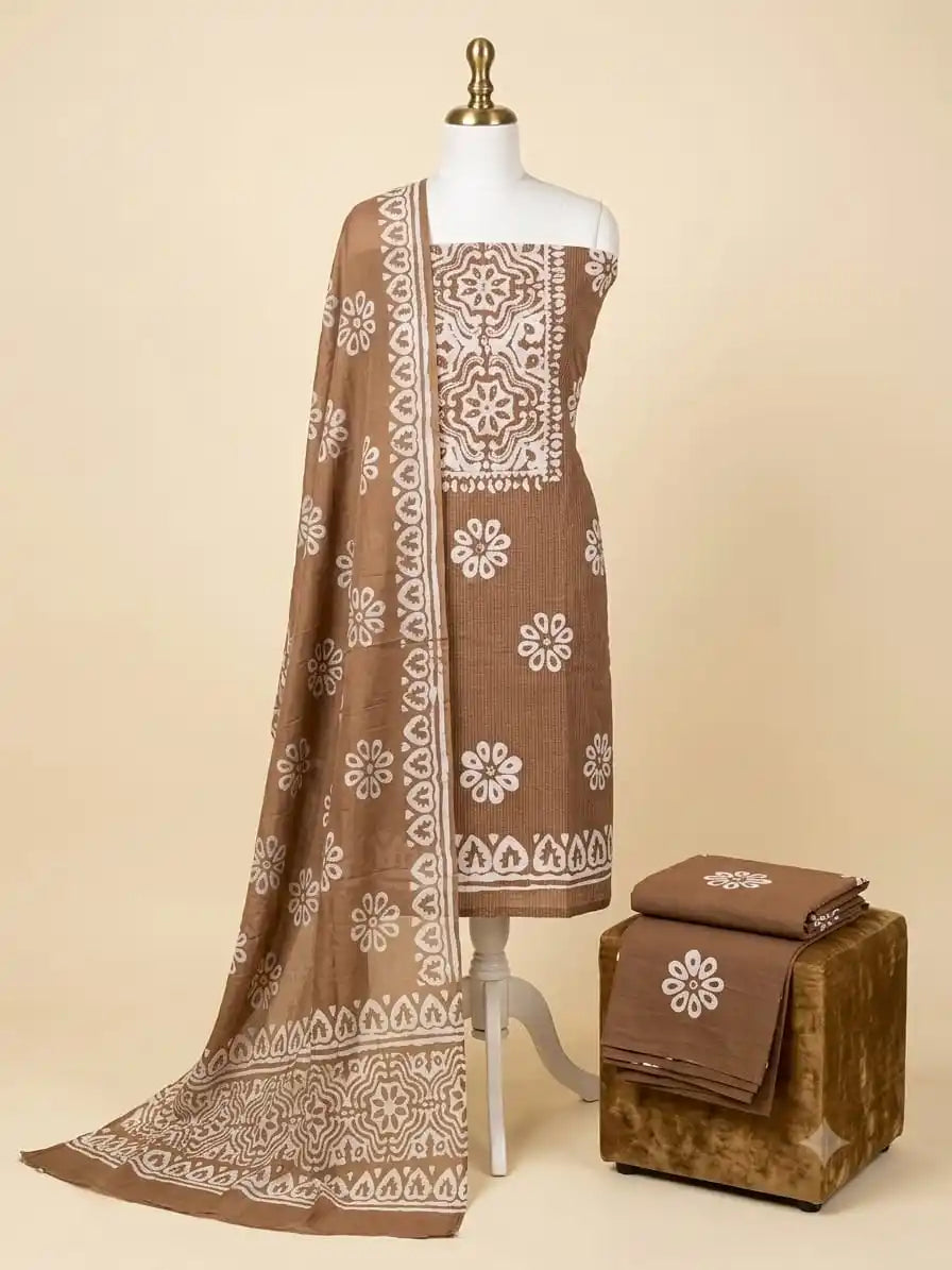 Khaki Brown Slub Cotton Batik Fabric Dress Material with Ultra-Soft Pure Chiffon Dupatta