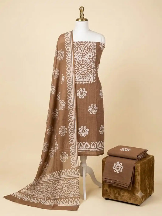 Khaki Brown Slub Cotton Batik Fabric Dress Material with Ultra-Soft Pure Chiffon Dupatta