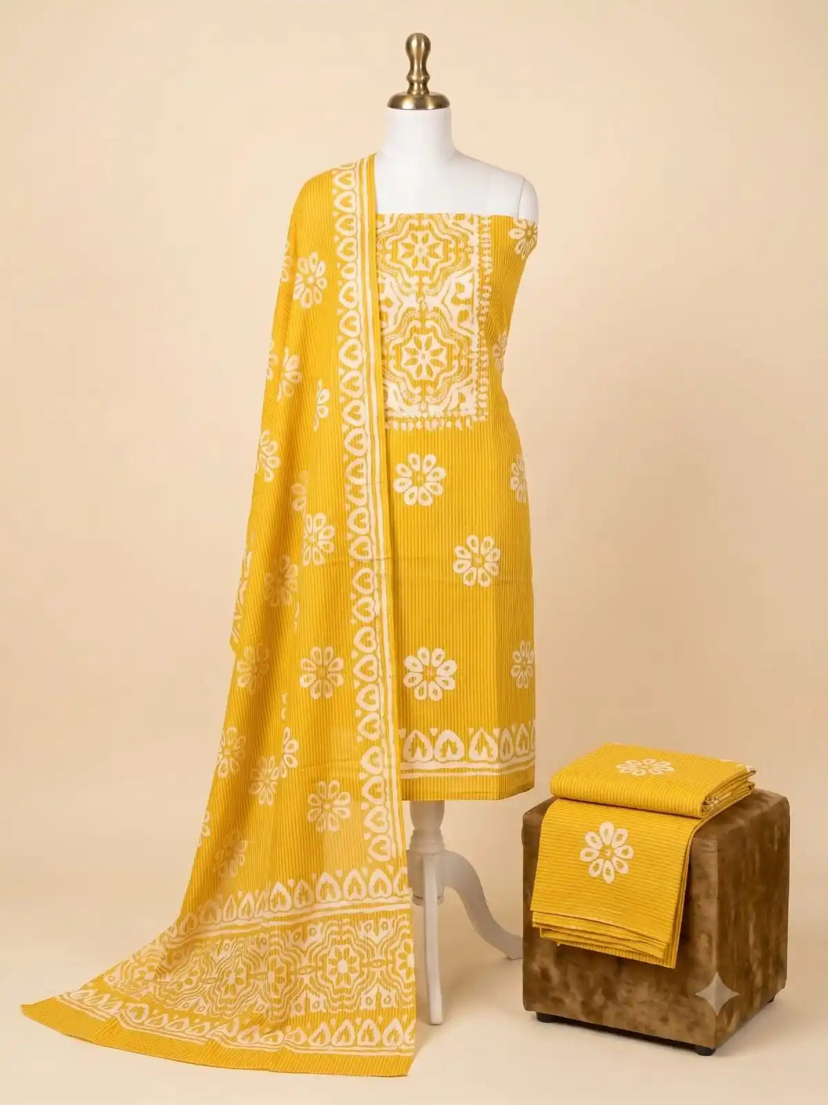 Mustard Yellow Ethnic Unstitched Batik Dress Material & pure chiffon dupatta