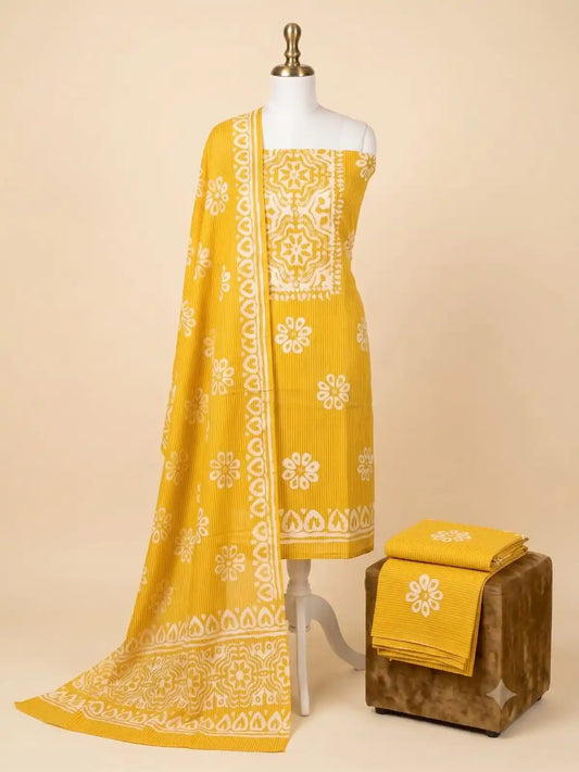 Mustard Yellow Ethnic Unstitched Batik Dress Material & pure chiffon dupatta