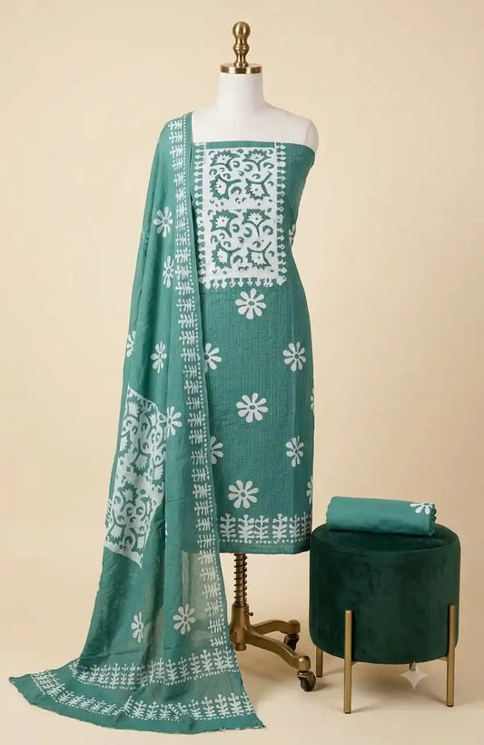 Ocean Teal Blue Cotton Batik Print Unstitched Suit with Pure Chiffon Dupatta